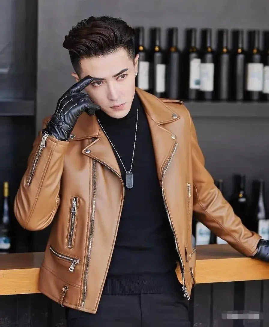 Men's Slim Fit PU Leather Jacket Fashionable Motorcycle Style Spring Autumn Korean Version Casual Outerwear Male Biker Coat