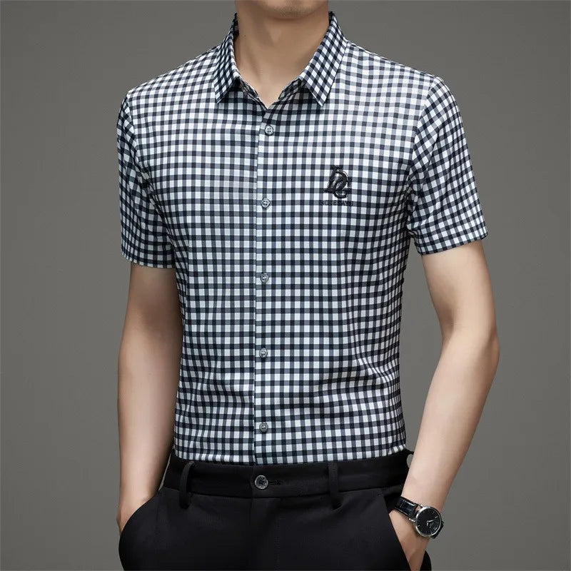 High End Man's Plaid Shirts Non-iron Business Fashion Leisure Tops Luxurious Male Short Sleeve Summer Quality Thin Shirt for Men