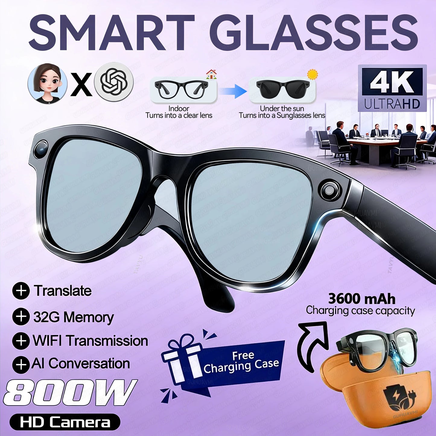 New 800W Camera 3600mAh Power Bank Smart Glasses Men Translator Take Photo WIFI Transmission Music Player AI Chat Glasses Women