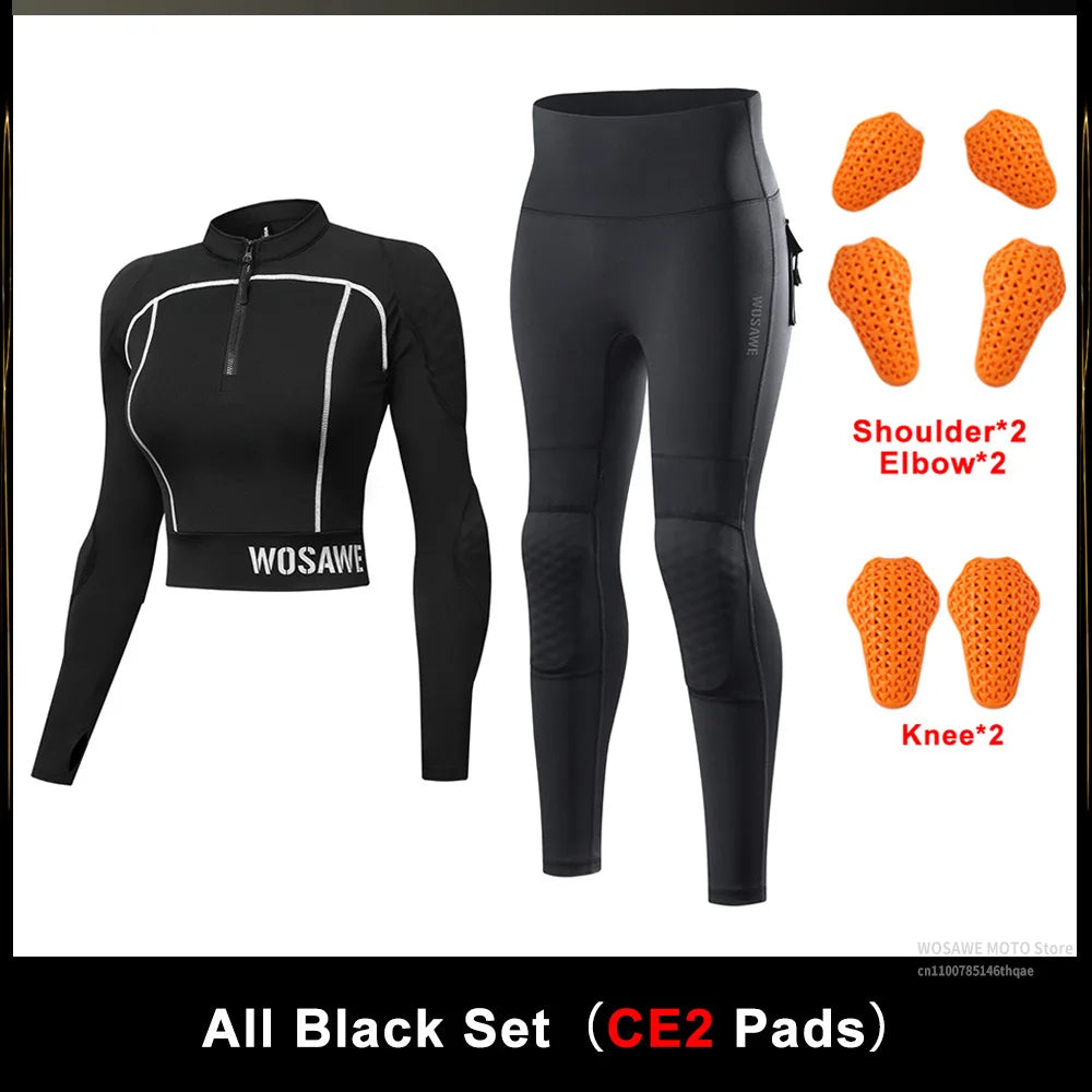 WOSAWE CE Level 1/2 Motorcycle Soft Armor Jacket Pants Set Women Biker Street Riding Clothing Sexy Fit Hip Lifting Training Wear