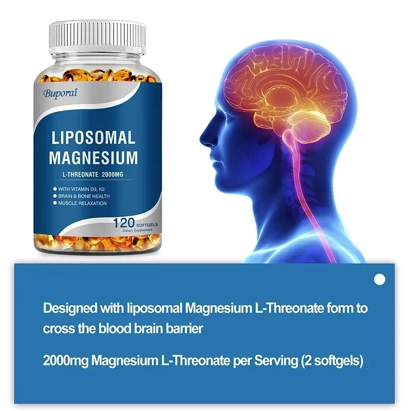 Liposomal Magnesium L-Threonate - Containing Vitamin D3 and K2, Supports Brain, Bone, Heart, Muscle and Promotes Sleep