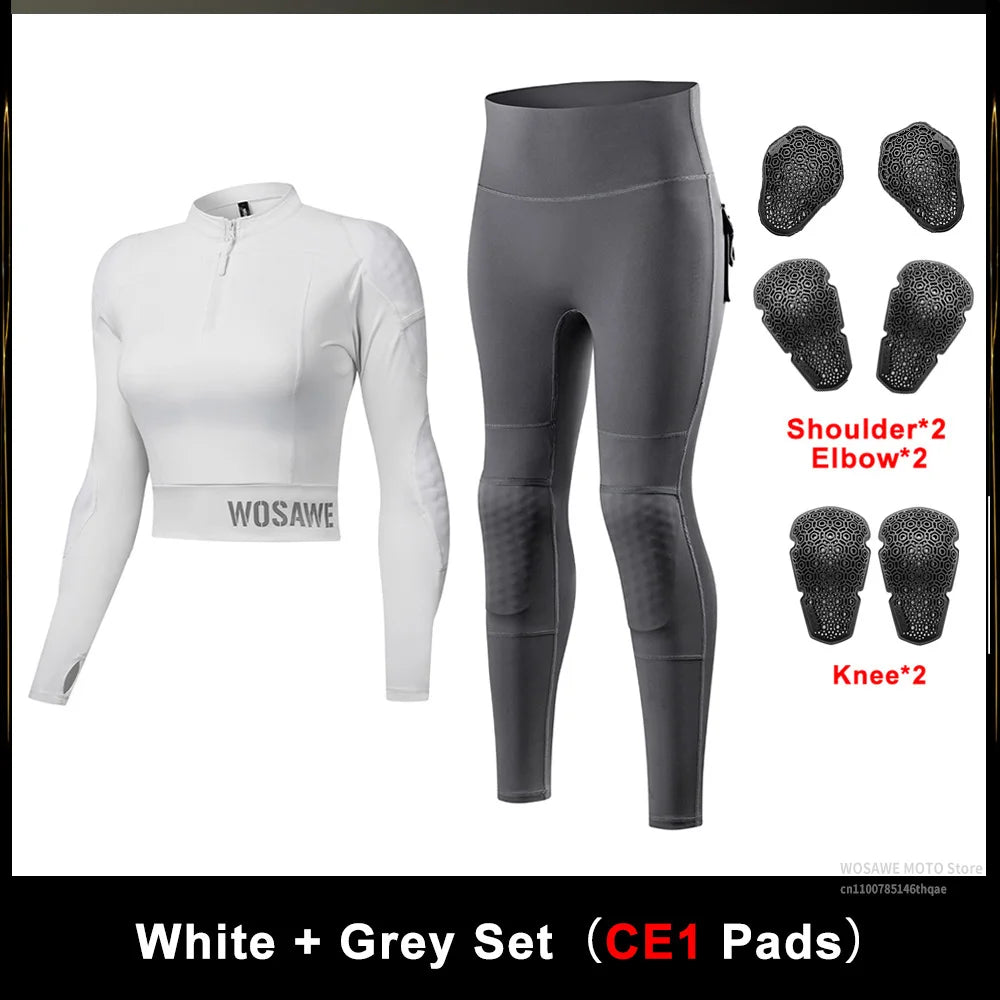 WOSAWE CE Level 1/2 Motorcycle Soft Armor Jacket Pants Set Women Biker Street Riding Clothing Sexy Fit Hip Lifting Training Wear