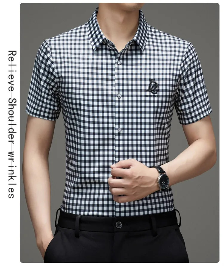 High End Man's Plaid Shirts Non-iron Business Fashion Leisure Tops Luxurious Male Short Sleeve Summer Quality Thin Shirt for Men