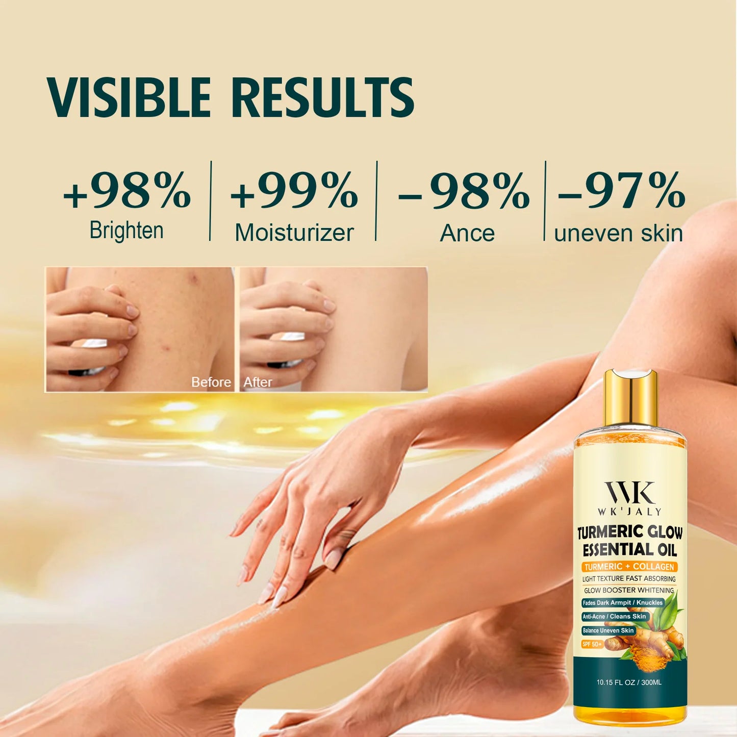 WK JALY Turmeric Whitening Essential Oil, With Collagen, Moisturizing, Brighten, Remove Acne, Dark Spots, for All Skin, 300ml