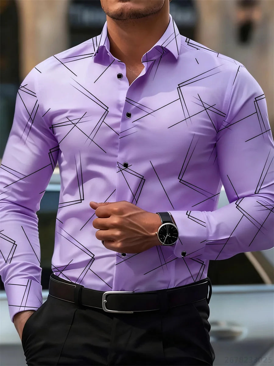 Men's trendy geometric line print long-sleeved shirt Business casual fashion design slim fit non-iron versatile ins style shirt