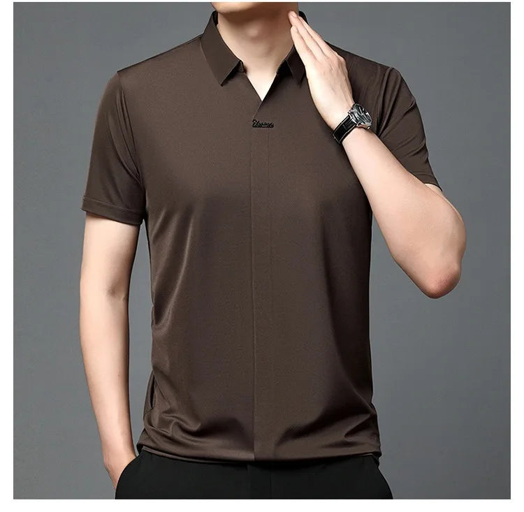High End Mulberry Silk T-shirts Man Long Sleeve Tops Business Casual Elastic Non-iron Seamless Quality Luxurious Men Polo Shirts