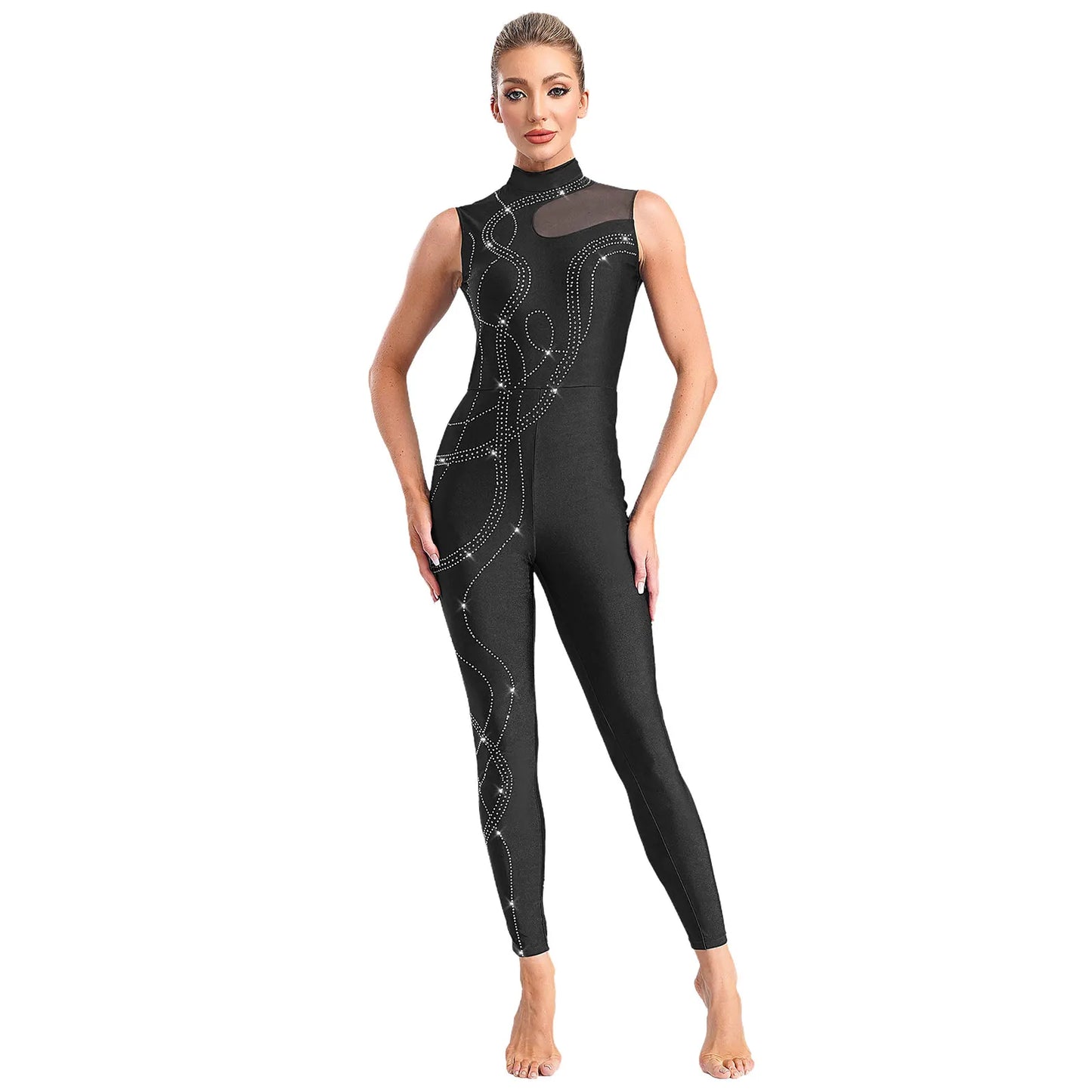 Womens Rhythmic Gymnastics Artistic Figure Skating Dance Costume Shiny Rhinestones Ballet Dance Unitards Jumpsuit Full Bodysuit