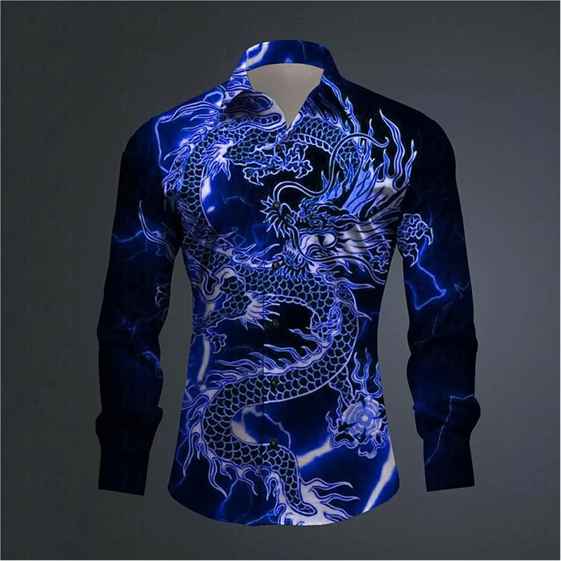 Fashion trend Men's shirt Dragon Culture Abstract 3D printed shirt for everyday wear comfortable lapel long sleeve top