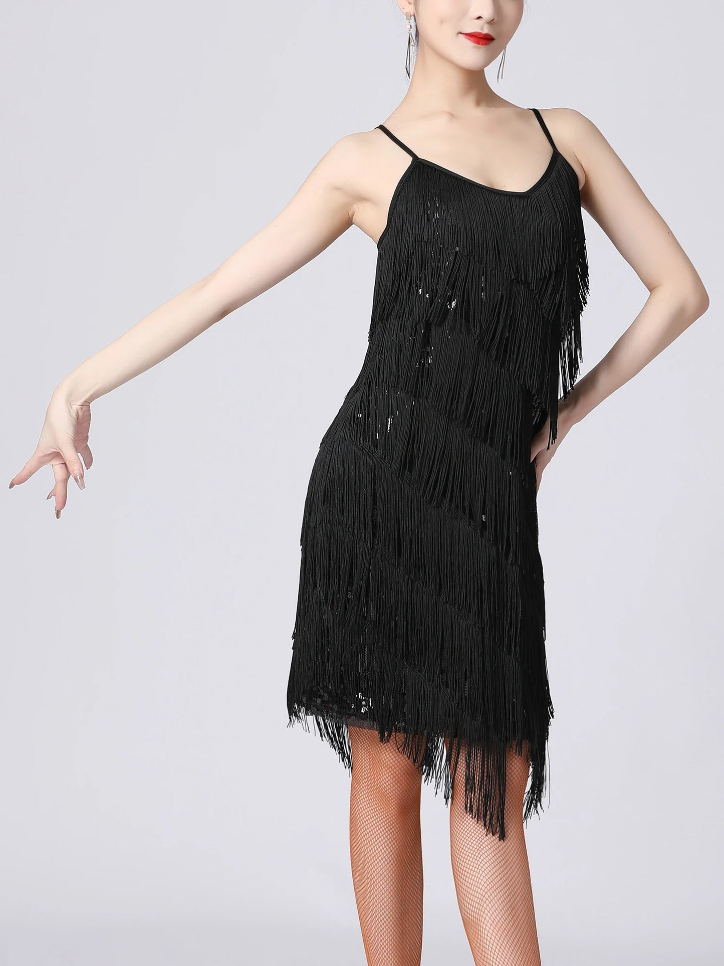 Women Salsa Latin Dance Dress Sequin Tassel Fringe Flapper Dress 1920s Gatsby Cocktail Dress Tango Ballroom Dancing Costume