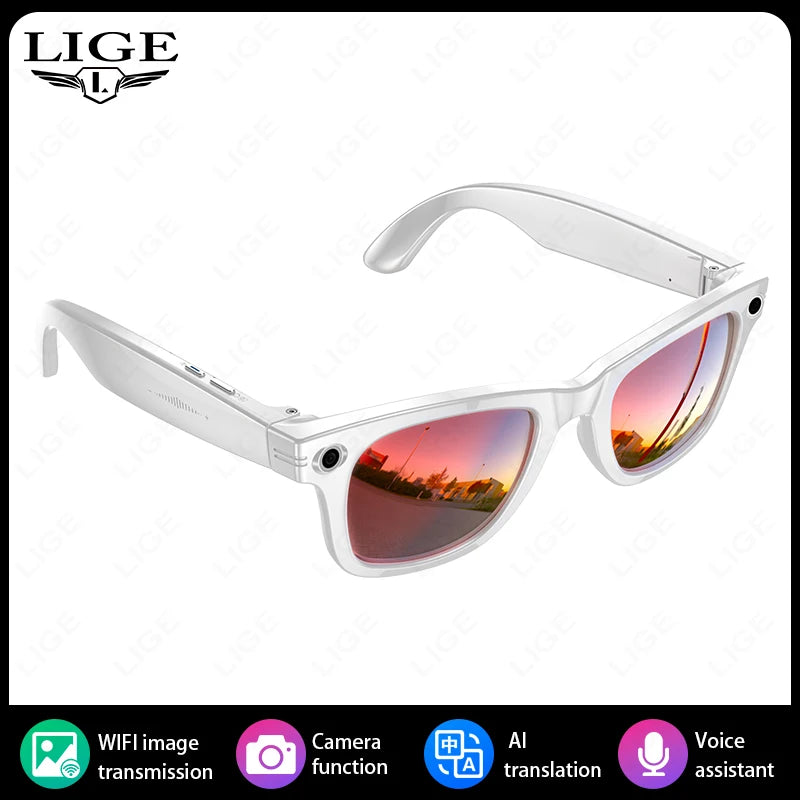 LIGE New Photochromic Lenses Smart Glasses 800W Camera HD Video Recording Bluetooth Call Glasses AI Smart Translation Sunglasses