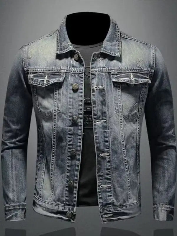 2025 Men's Autumn Winter Brand Casual Cotton Jacket with American Retro Motorcycle Embroidered Street Fashion Grey Jeans Coat