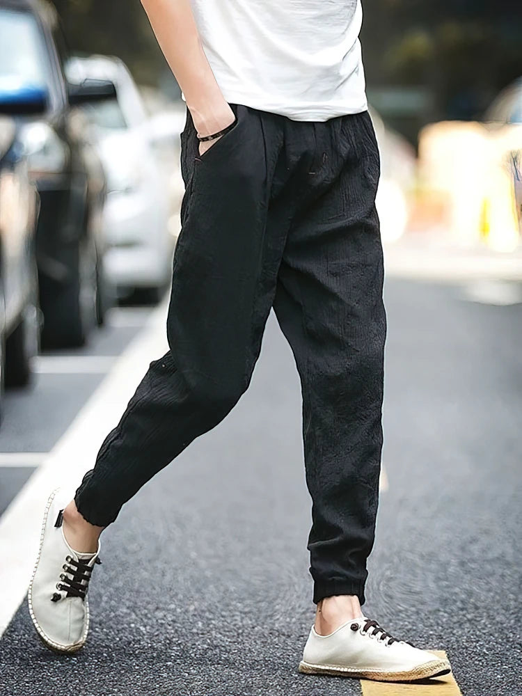 Cotton Linen Jogger Pants Men Spring Summer Chino Pants Wide leg Loose Lightweight Thin Sweatpants Male Beach Casual Trousers