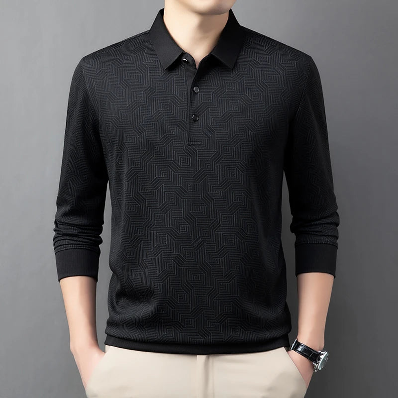 New Men's Business Casual Long Sleeved Shirt with Badge Solid Color Polo Shirt Fashionable Breathable Comfortable Versatile Top