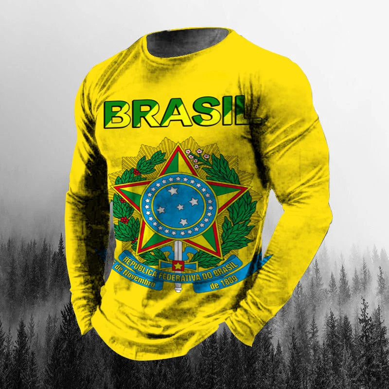 Vintage Brazilian Flag 3D Print Autumn Men's O-Neck T-shirt Casual Long Sleeve Oversized T Shirt Fashion Pullover Men Clothing