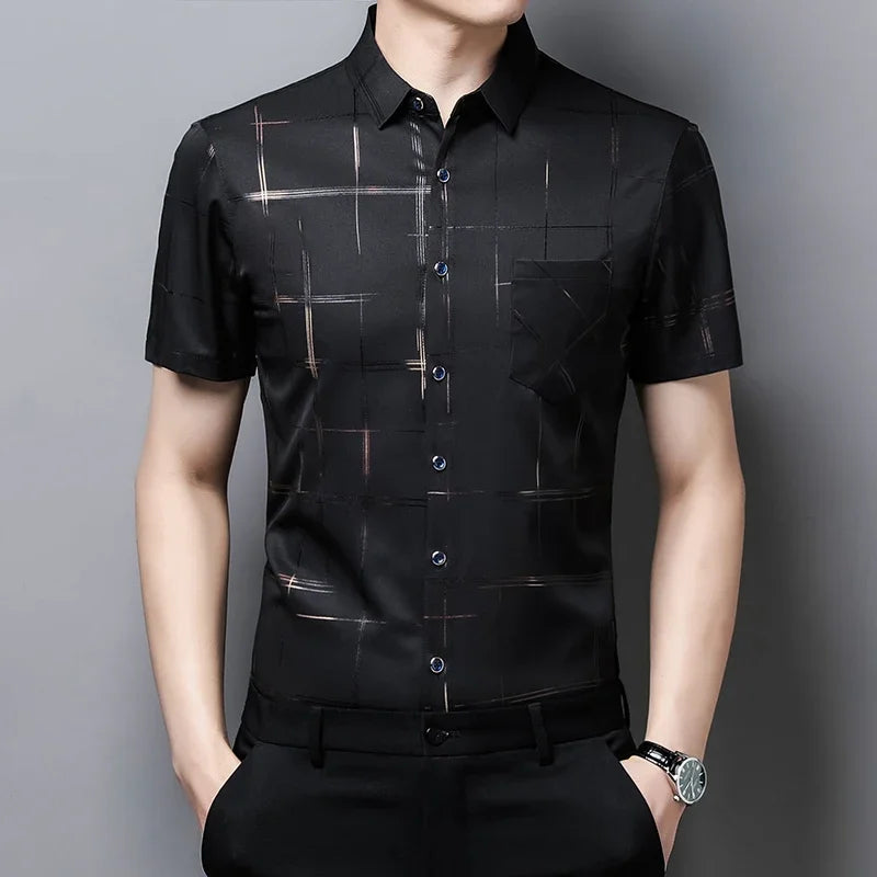 Men's Business Casual Short Sleeve Shirt New No Iron Wrinkle Resistant Top Easy Care Comfortable Fit for Office And Work