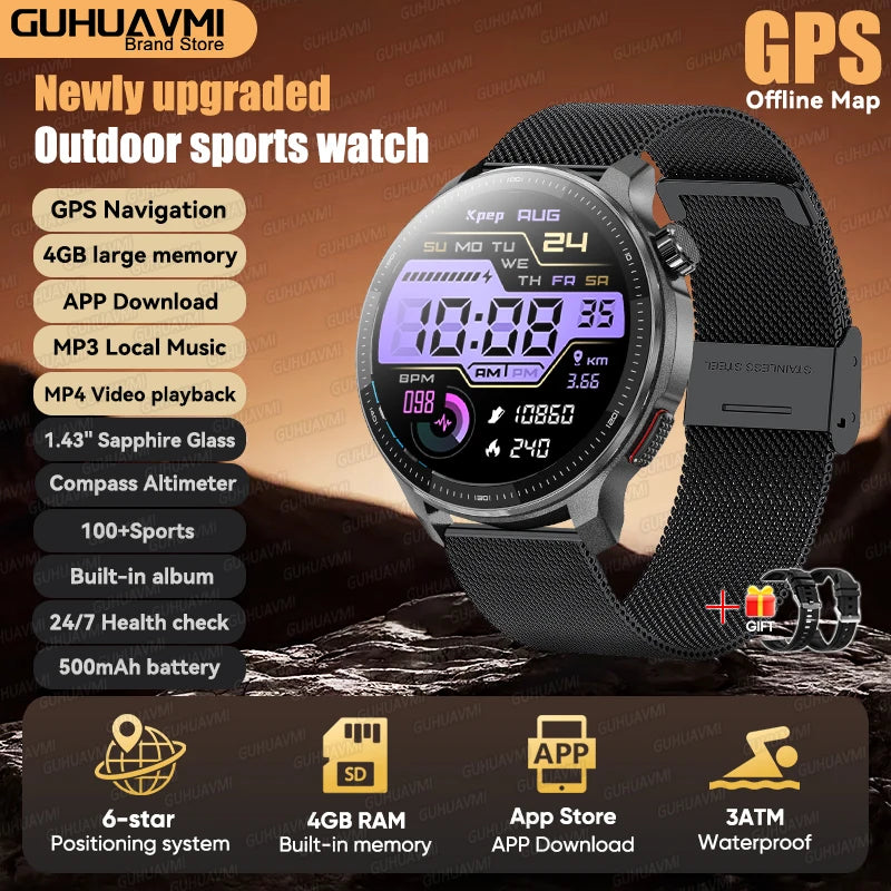 Newly T-Rex3 Ultra 4GB Memory GPS Sports Smart Watch Offline Map 1.43" AMOLED Display 3ATM Flash Charge Fitness Call Smartwatchs