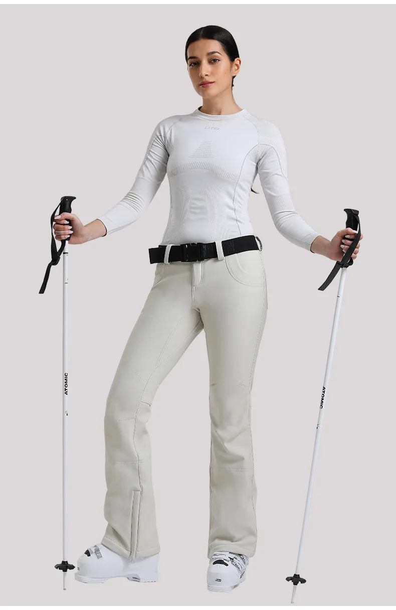 New Women's Ski Pants Stretch Slim-fit Dual-layer Insulated Professional Windproof Waterproof Breathable Solid Color Ski Pants
