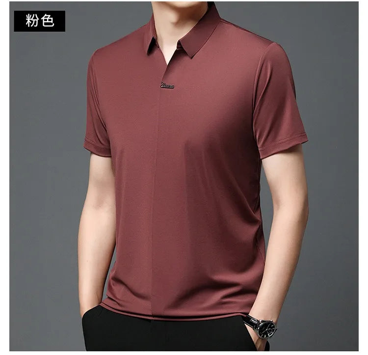 High End Mulberry Silk T-shirts Man Long Sleeve Tops Business Casual Elastic Non-iron Seamless Quality Luxurious Men Polo Shirts
