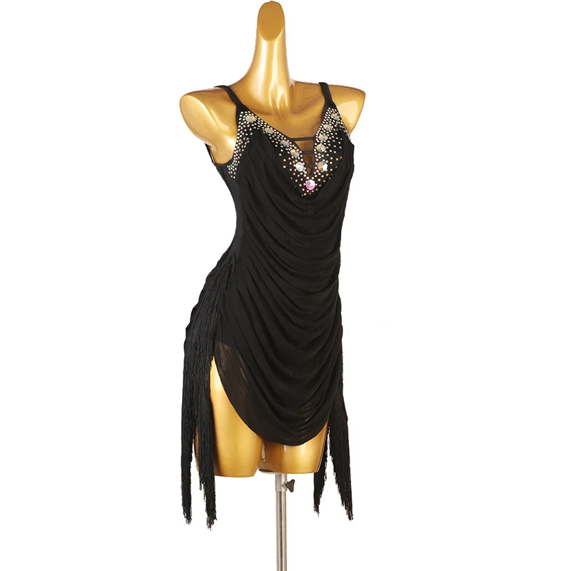 Women's Black Fringe Latin Dance Dress Ballroom Waltz Tango Samba Sling Backless Salsa Performance Competition Clothes