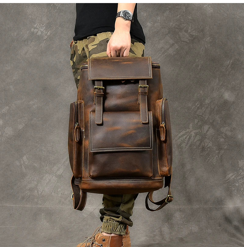 Vintage Crazy Horse Genuine Leather Backpack Men Leather Bagpack Climbing Rucksack male Large Hiking Backpack M814
