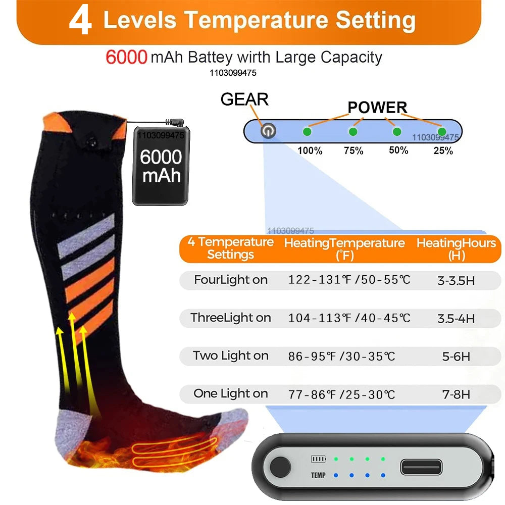 New Heated Socks Rechargeable 6000mah Electric Heated Skiing Socks Snowboarding Outdoor Sports Foot Warmer Winter Thermal Socks