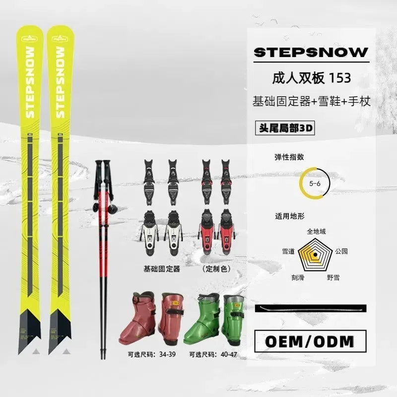Men's Double Plate Skis 153cm with Skiing Boots Cane Four-Piece Set - Adjustable Holder Ski Equipment for Winter Sports ciaspole