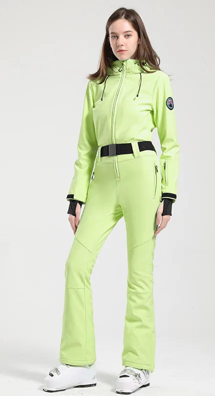 Women One Piece Ski Suit Winter Snowboard Jumpsuit Waterproof Windproof Thicken Hooded Outdoor Sport Wear for Mountain Hiking