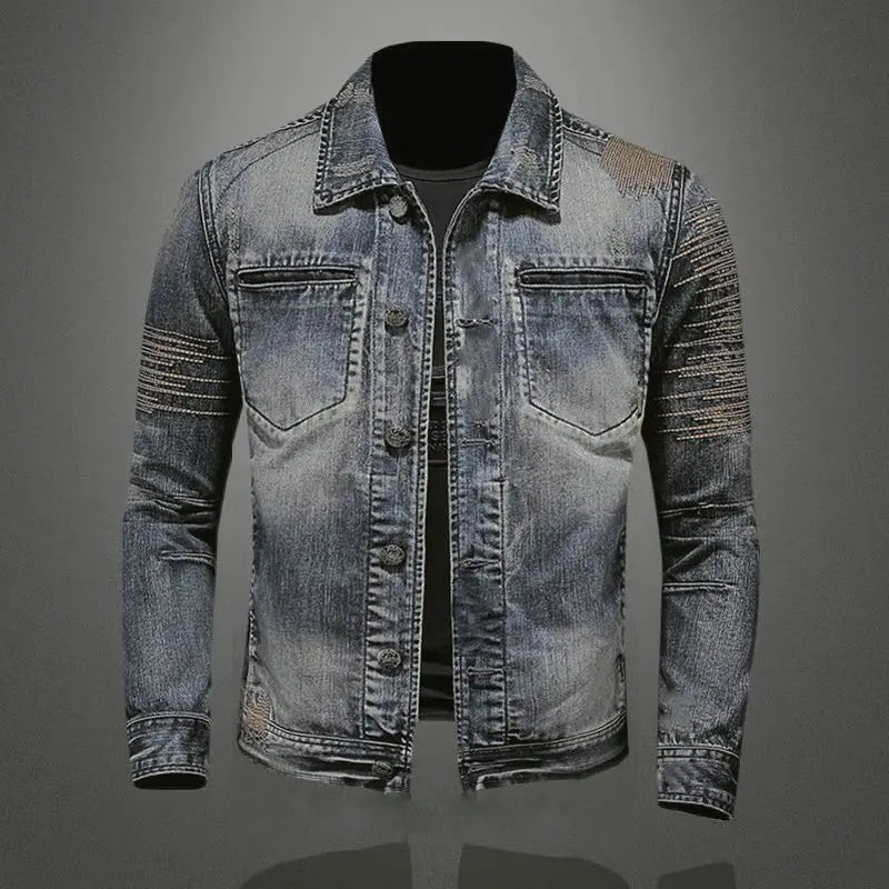 2025 Men's Autumn Winter Brand Casual Cotton Jacket with American Retro Motorcycle Embroidered Street Fashion Grey Jeans Coat