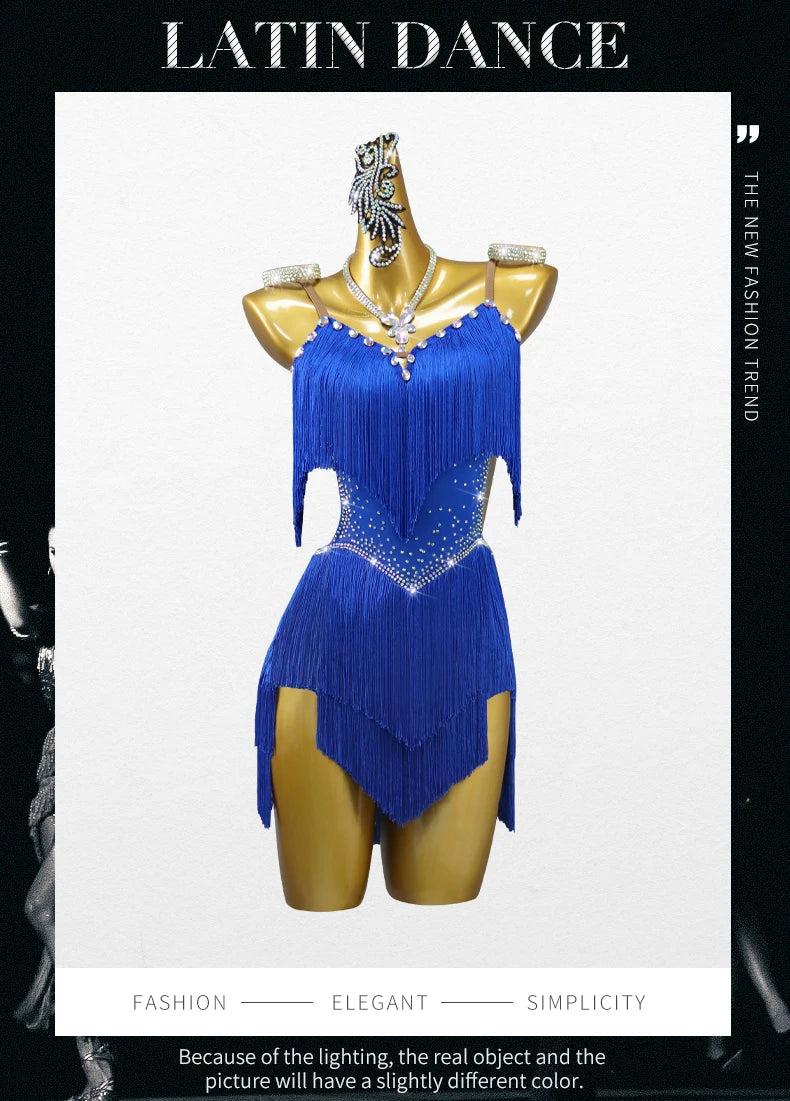 2026 New Latin Performance Dance Dress Women Sexy Outdoor Ballroom Party Fringe Skirt Sport Practice Wear Blue Prom Evening Suit