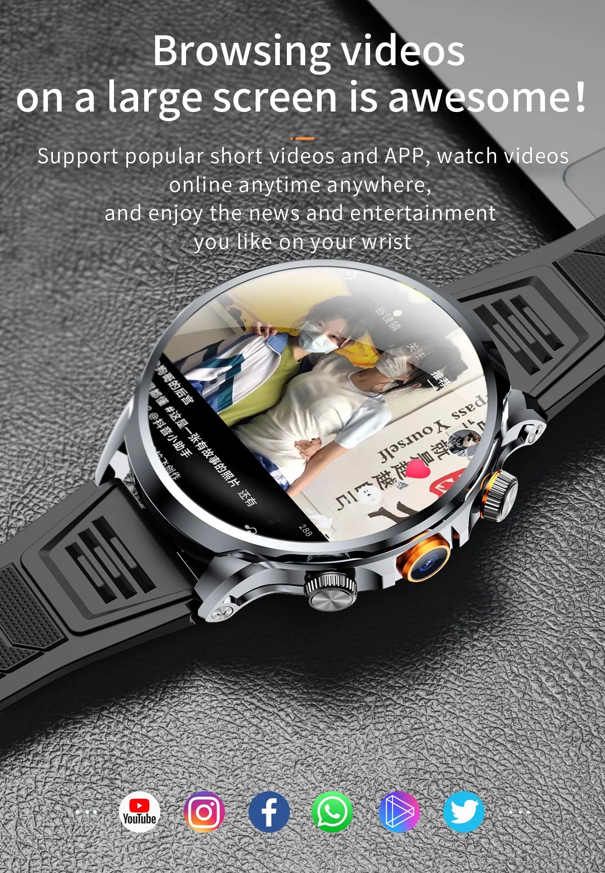 16+256GB Android H18 Smartwatch 4G LTE 1100Mah Battery Play Store Heart Rate 1.95 inch Spherical screen Smart Watch Men GPS WIFI
