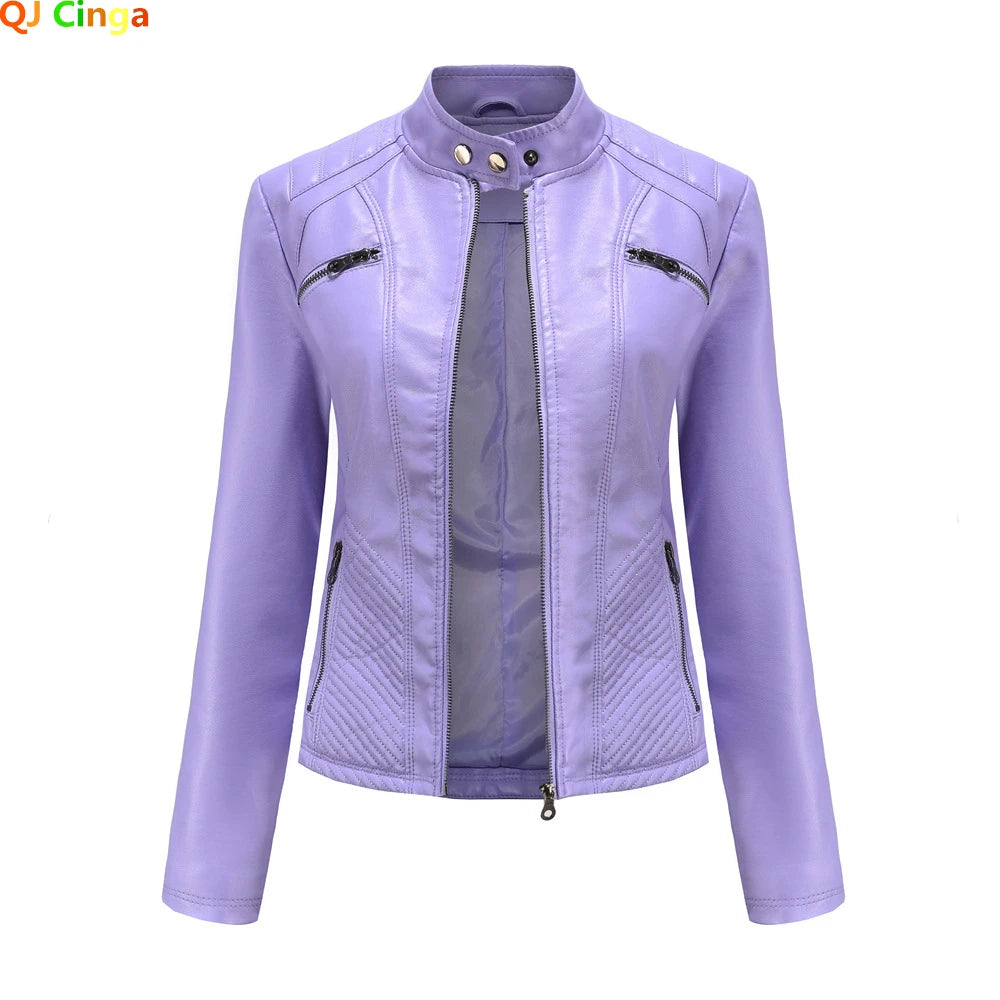 2026 New Lavender Purple Women's Long Sleeve PU Jacket, Fashion Motorcycle Leather Jackets, Red Coat, Black Outerwear.