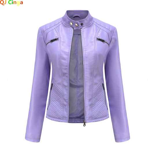 2026 New Lavender Purple Women's Long Sleeve PU Jacket, Fashion Motorcycle Leather Jackets, Red Coat, Black Outerwear.