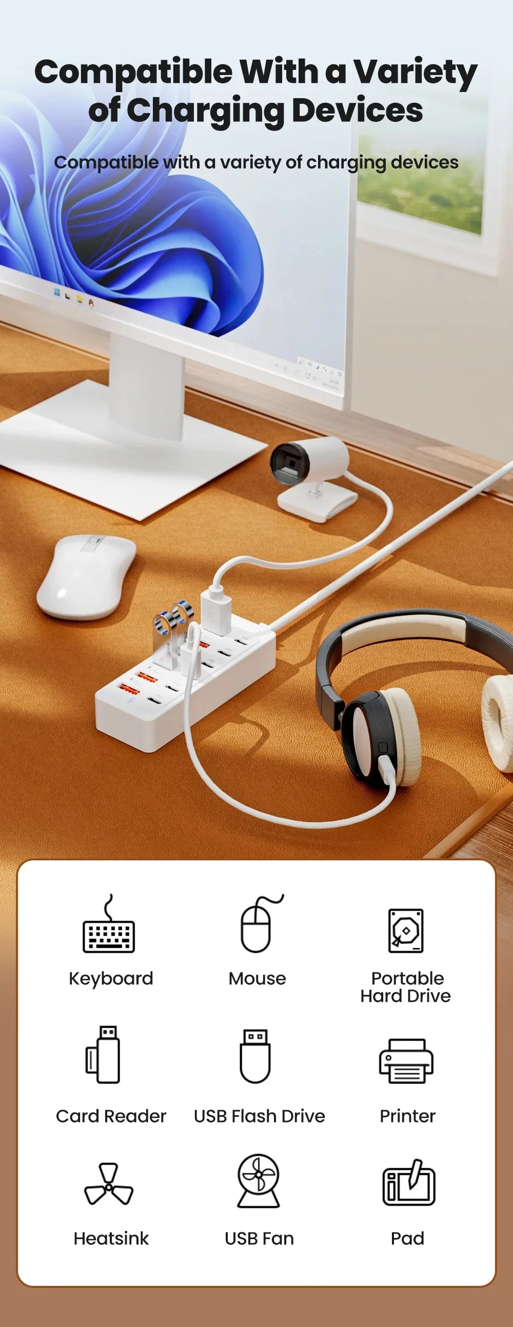 12 in 1 Fast USB Charger Power Strip Desktop Charging Station Fast Charging 1m Cord USB HUB Adapter Socket for Home Office
