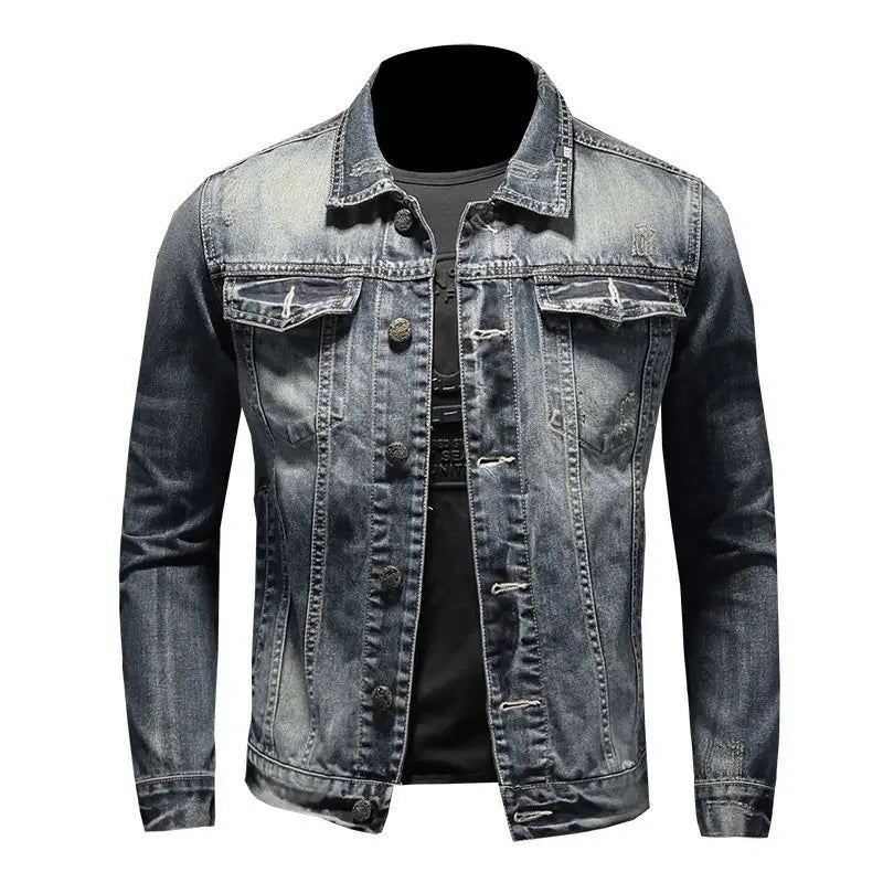 2025 Men's Autumn Winter Brand Casual Cotton Jacket with American Retro Motorcycle Embroidered Street Fashion Grey Jeans Coat