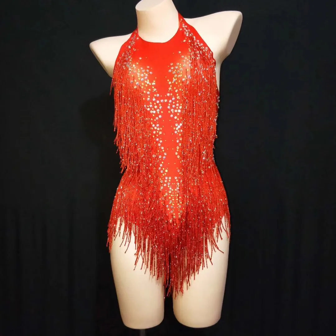 Bachelorette Bodycon Ballroom Gold Rhinestones Fringes Women Backless Sexy Stage Bodysuits Nightclub Performance Dance Costume