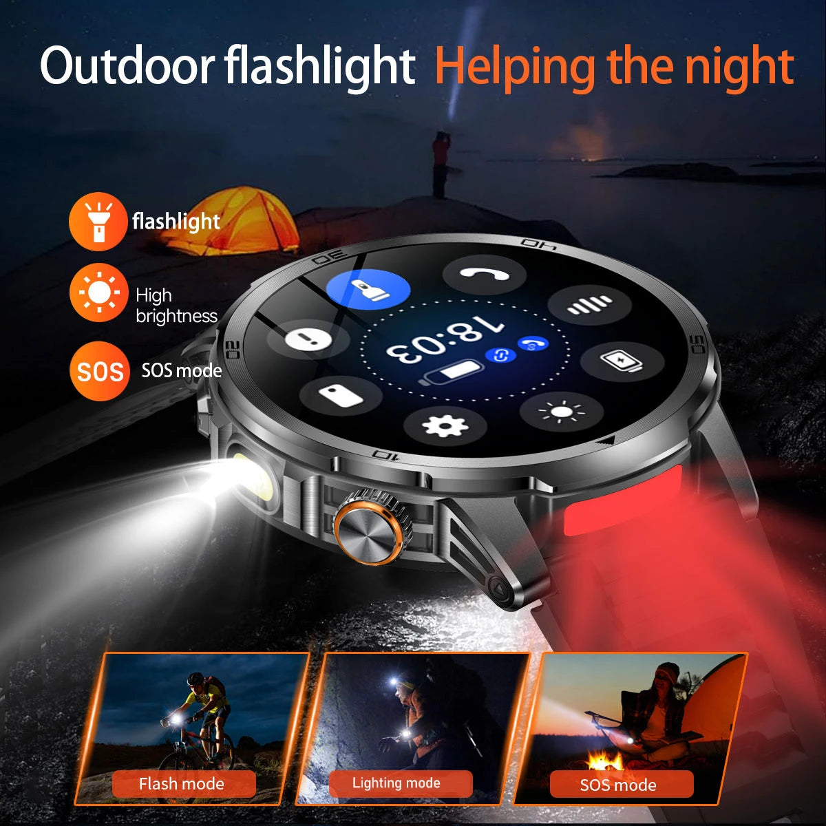 Fanwear men's smart watch SOS distress light +LED flashlight dual light mode 1000 mAh battery GPS trajectory 1.85 inch AMOLED