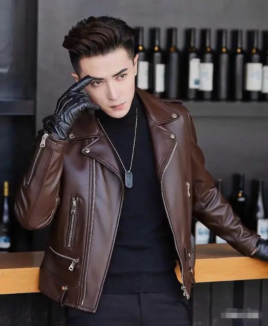Men's Slim Fit PU Leather Jacket Fashionable Motorcycle Style Spring Autumn Korean Version Casual Outerwear Male Biker Coat