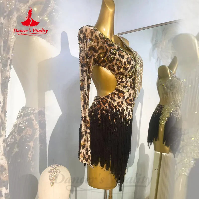 Latin Dance Competition Dresses High End Sexy Leopard Pattern Tassel Skirt Adults and Children Customized Performance Clothing