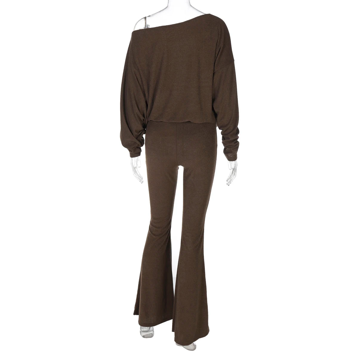 Dulzura Fashion Sexy 2 Piece Pants Set Skew Collar Long Sleeves Slim T-Shirt And Flare Pants Matching Set Party Club Streetwear