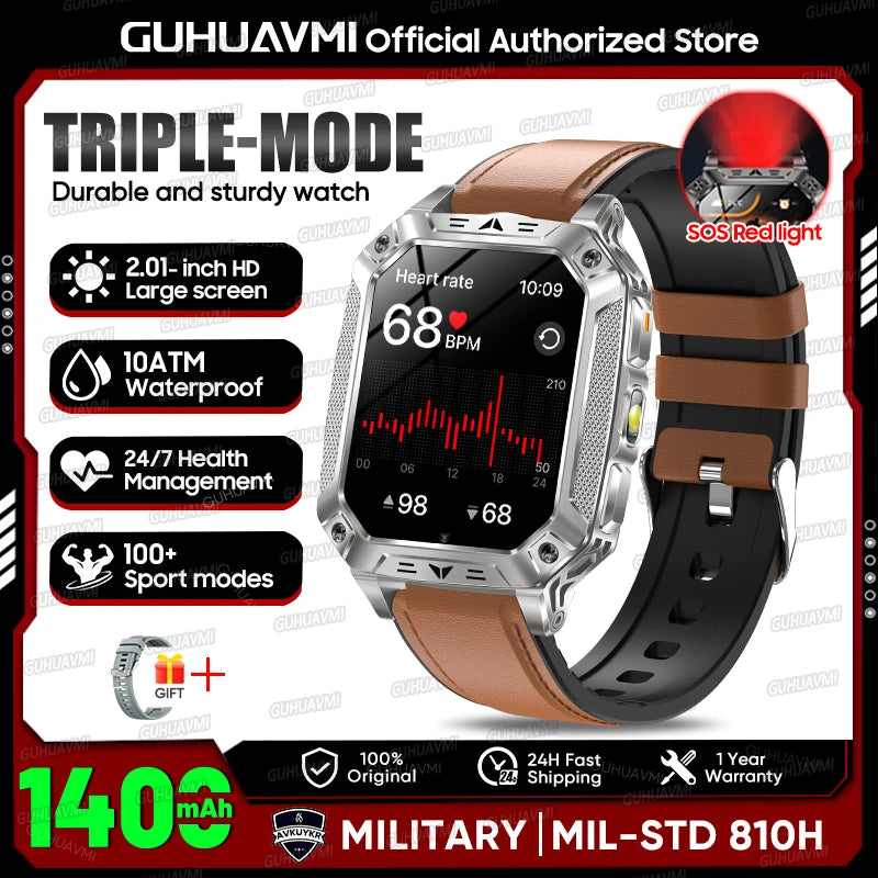 2026 Outdoors Durable Men Sports Smart Watch 1400mAh Battery LED Flashlight IP69K Waterproof Bluetooth Call Military Smartwatchs