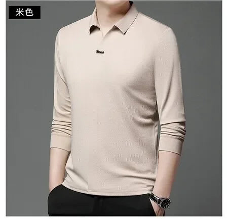 High End Mulberry Silk T-shirts Man Long Sleeve Tops Business Casual Elastic Non-iron Seamless Quality Luxurious Men Polo Shirts