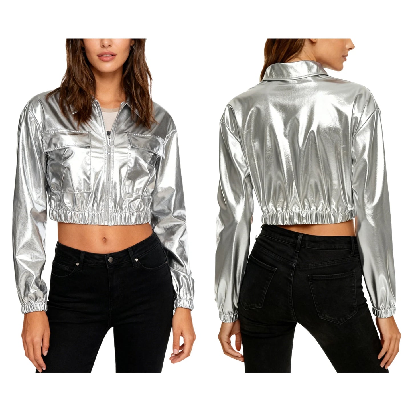 Womens Metallic Shiny Cropped Jacket Lapel Long Sleeve Front Zipper Chest Flap Pockets Crop Outerwear Biker Motor Jacket Tops