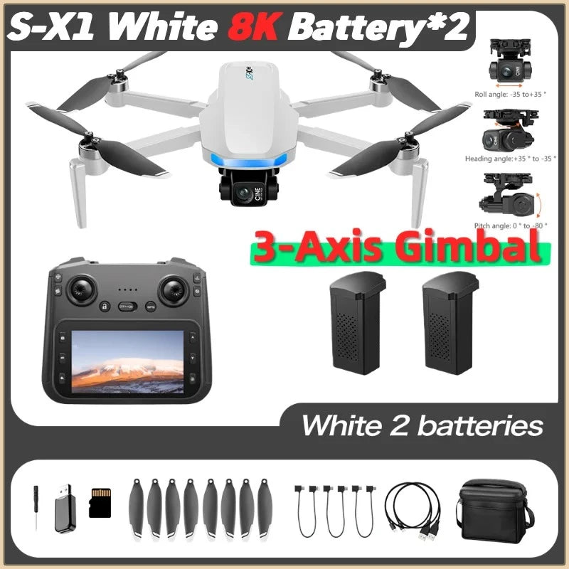 S-X1 MAX GPS Drone 4K Camera 3-Axis Gimbal EIS 5KM Digital Transmission Brushless Motor Quadcopter with 4.5" Screen Remote 231g