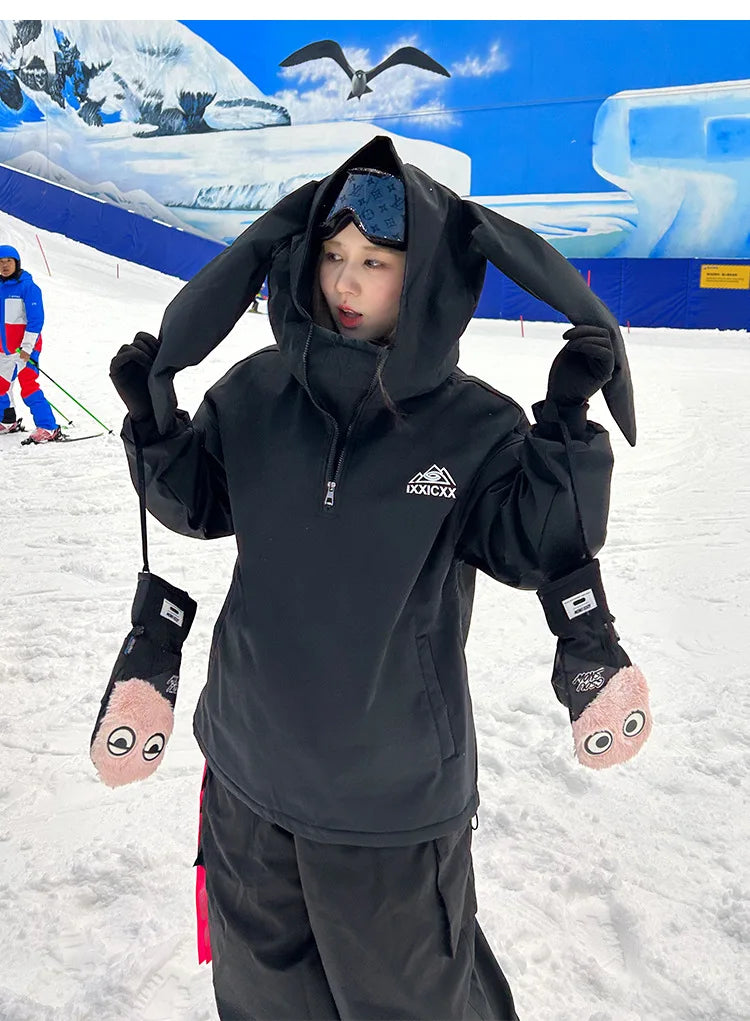 New Trendy Windproof And Warm Rabbit Ear Snow Clothes Men's And Women's Velvet Ski Clothes Set Couple Snow Clothes