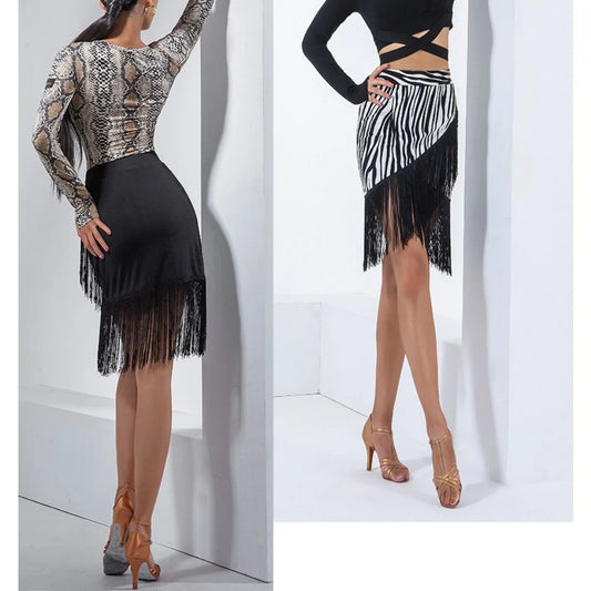 Women Latin Dance Skirt Asymmetrical Cross Hem Fringe Short Skirt Salsa Practice Performance