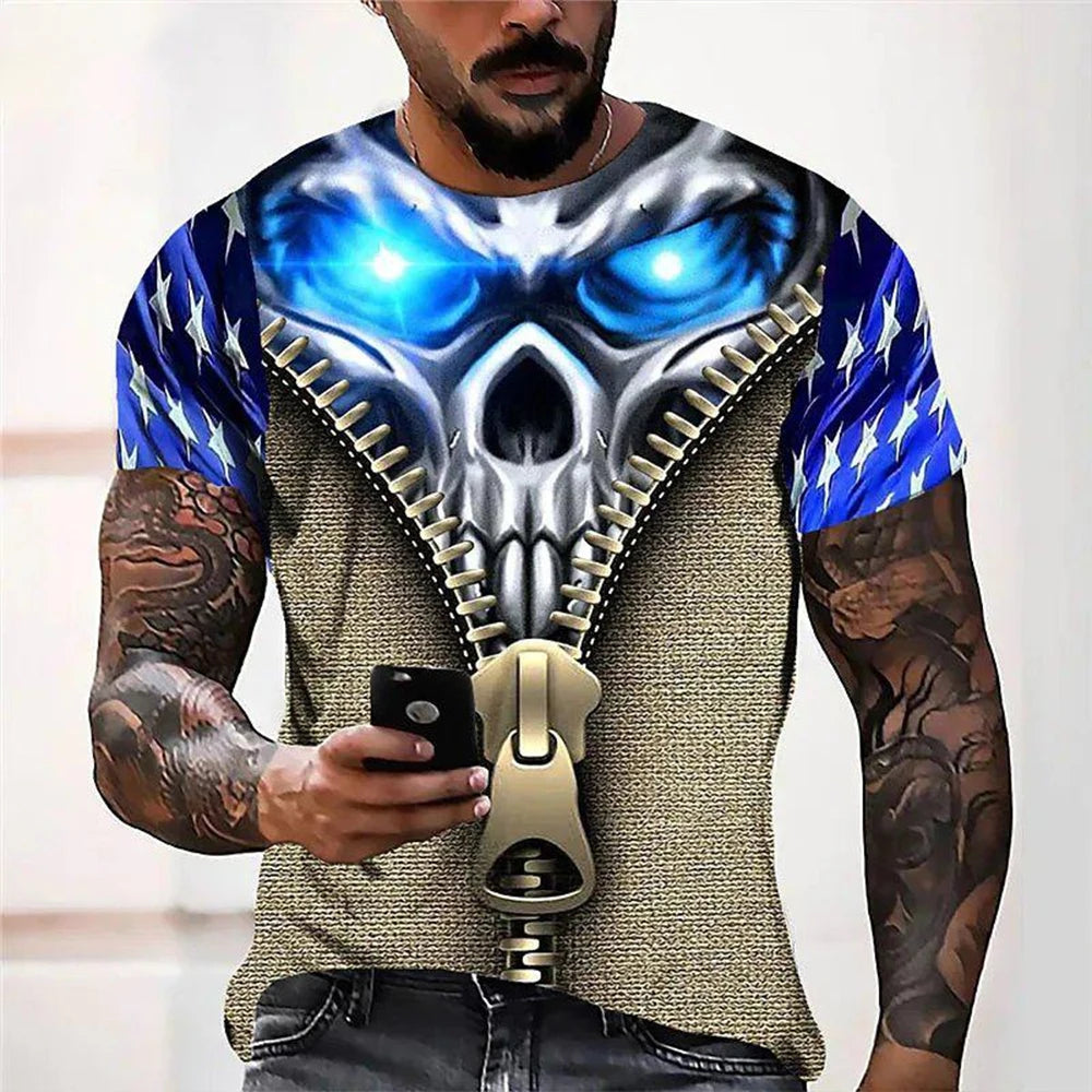 Summer Fashion Retro Skull 3D Printed T-shirt Hip Hop Personality Super Cool Horror Casual T-shirt