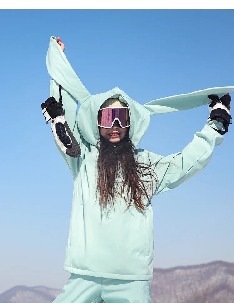 New Trendy Windproof And Warm Rabbit Ear Snow Clothes Men's And Women's Velvet Ski Clothes Set Couple Snow Clothes