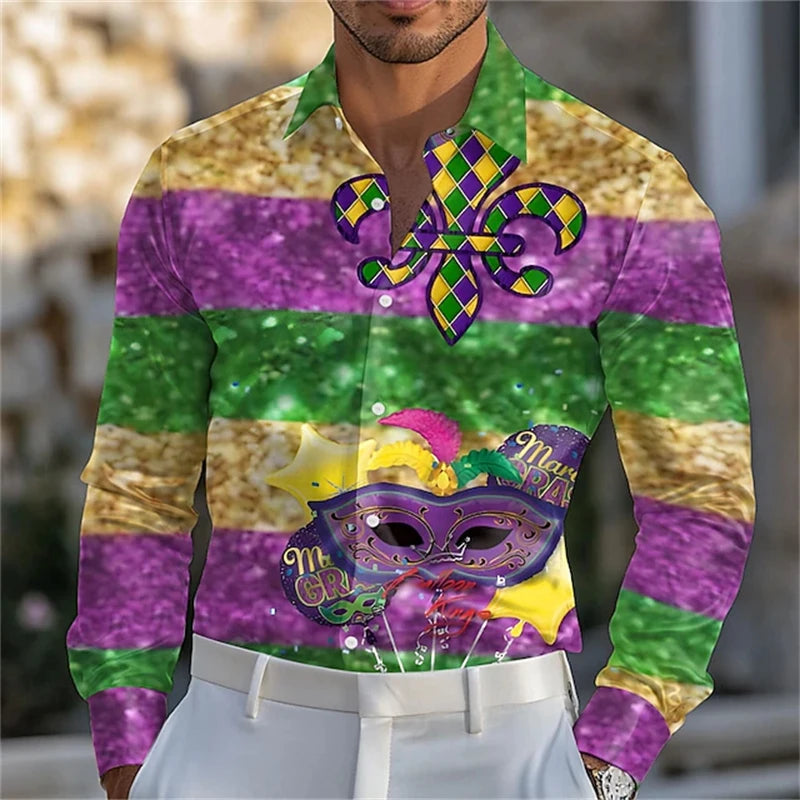 Men's Carnival Themed Feather Mask Print Long-Sleeve Shirt, Fashionable Street Style Party Casual Loose Fit Men's Top XS-6XL