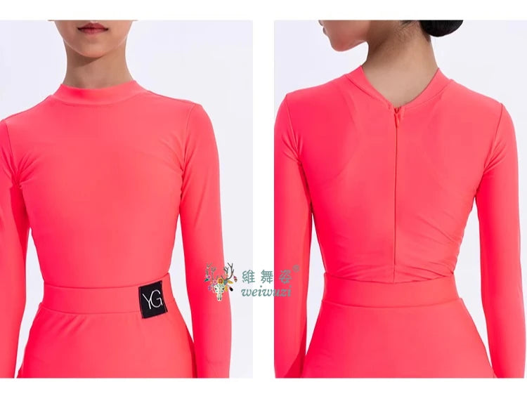 Girls Latin Dance Competition Clothing Glossy Fabric Long Sleeves Dance Dress Kids Cha Rumba Dance Practice Training Wear