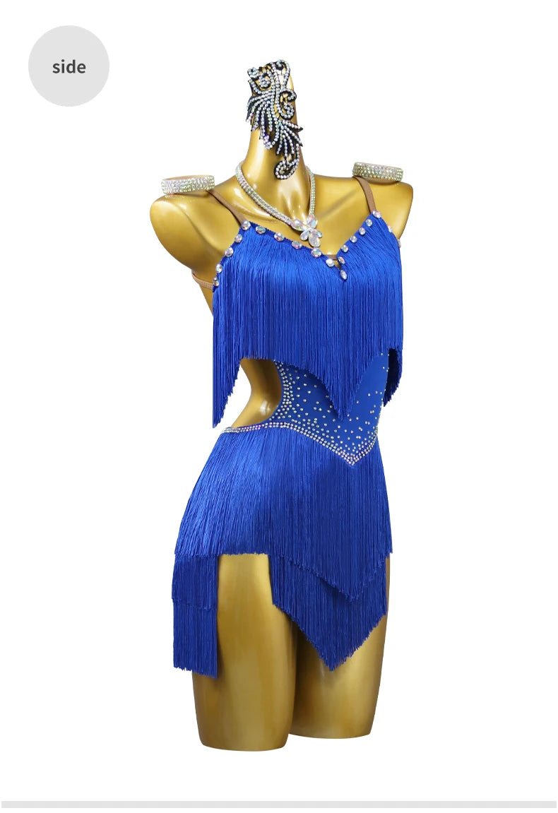 2026 New Latin Performance Dance Dress Women Sexy Outdoor Ballroom Party Fringe Skirt Sport Practice Wear Blue Prom Evening Suit